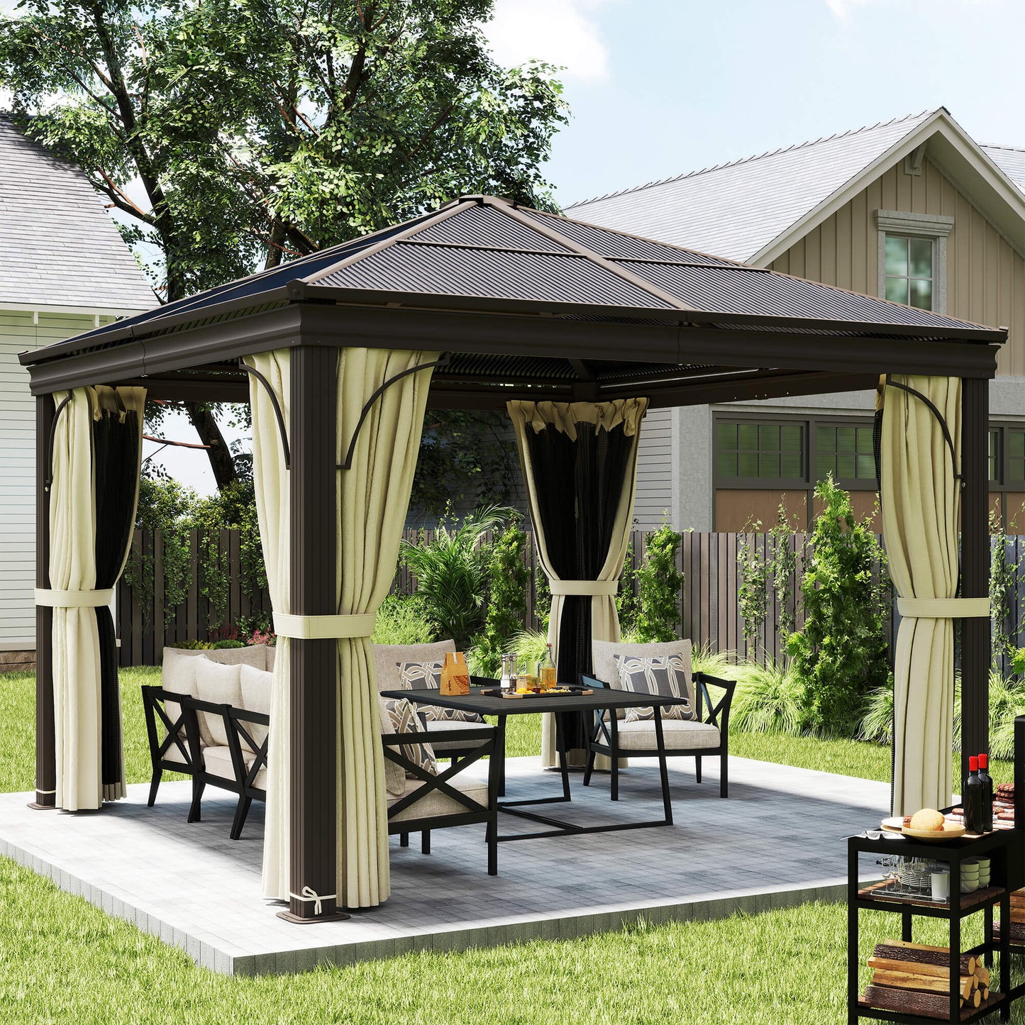 Outsunny 10 x 10 ft Hard Top Gazebo Canopy Heavy Duty Shelter Sun Shade w/ Curtain Beige, Coffee