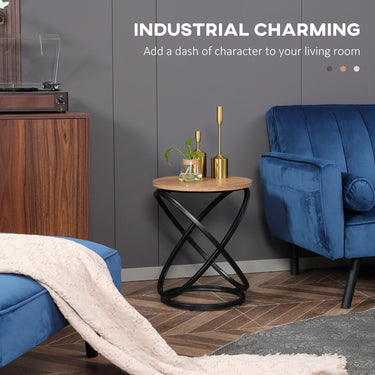HOMCOM Industrial End Table with Round Tabletop, Sofa Side Table with Steel Frame, 15.7"x15.7"x19.7", Light Brown
