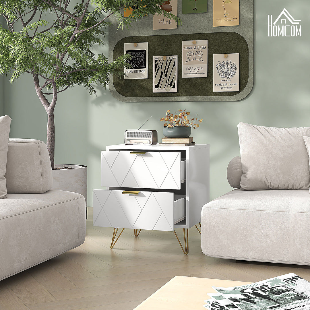 HOMCOM Modern Bedside Table, Accent Nightstand with 2 Drawers, Bed End Table for Bedroom, Living Room, White