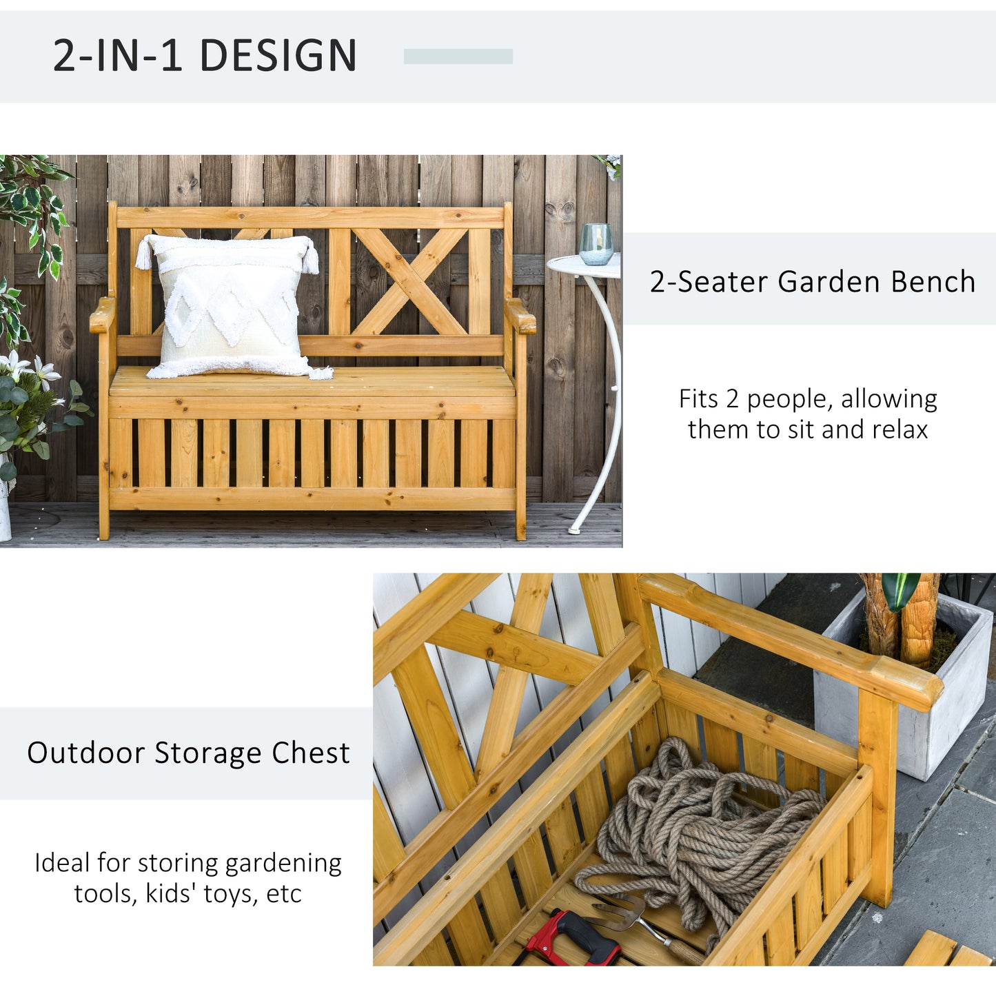 Outsunny Wooden Outdoor Storage Bench 2-Person Patio Bench with Louvered Side Panels and X-Shape Back for Garden, Patio, Yellow