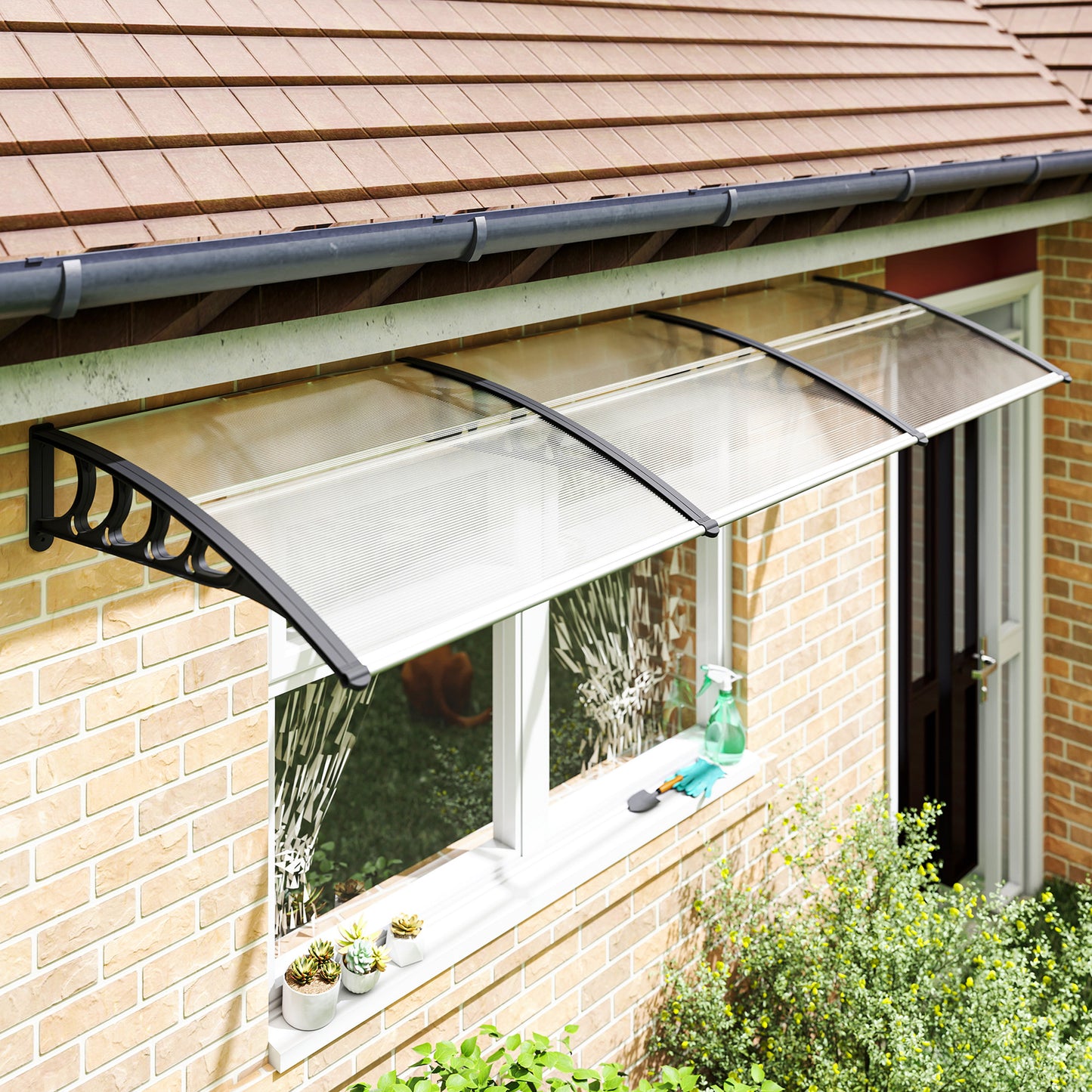 Outsunny Window Awning Door Canopy, Polycarbonate Front Door Outdoor Patio Cover, Sun Shelter, Hollow Sheet for UV, Rain, Snow and Sunlight Protection, Brown, 40" x 80"