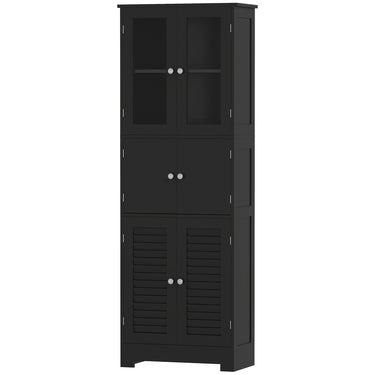 HOMCOM Freestanding Bathroom Cabinet with Glass/Louvred Doors, Tall Bathroom Cabinet for Kitchen, Study, Living Room, Black
