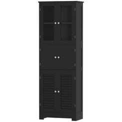 HOMCOM Freestanding Bathroom Cabinet with Glass/Louvred Doors, Tall Bathroom Cabinet for Kitchen, Study, Living Room, Black