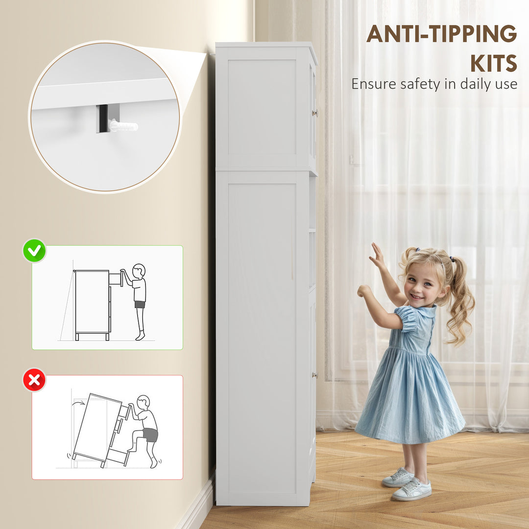 HOMCOM 57" Kitchen Pantry, Freestanding Pantry Storage Cabinet with Glass Doors, Adjustable Shelves, Open Compartments, White