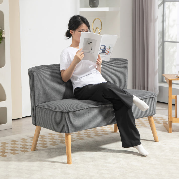 HOMCOM Modern 2 Seat Sofa for Bedroom, Upholstered Two Seater Couch with Rubber Wood Legs, Light Grey