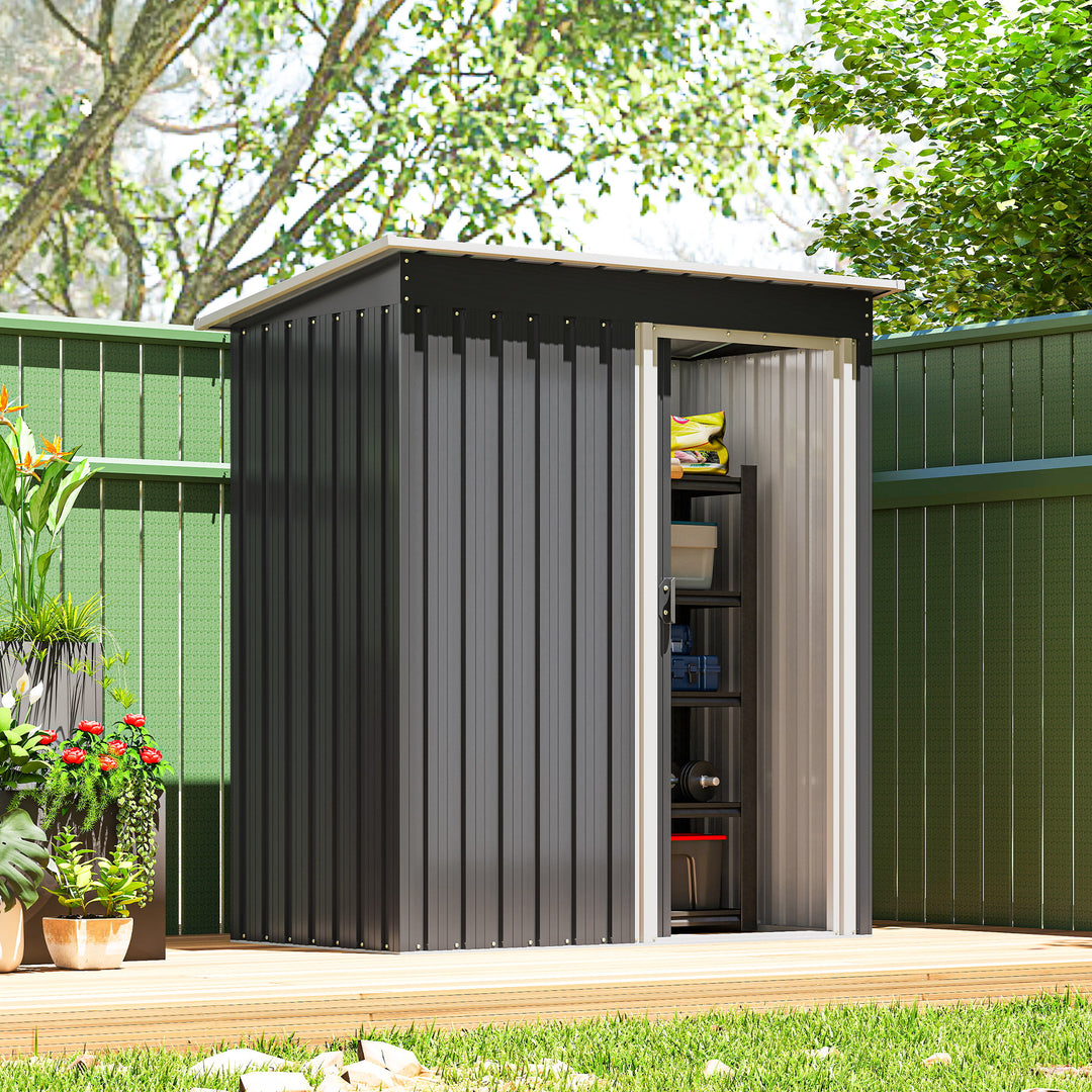 Outsunny 5 x 3 FT Outdoor Storage Shed with Sliding Door and Sloped Roof, Steel Frame Garden Shed Tool Equipment, Black