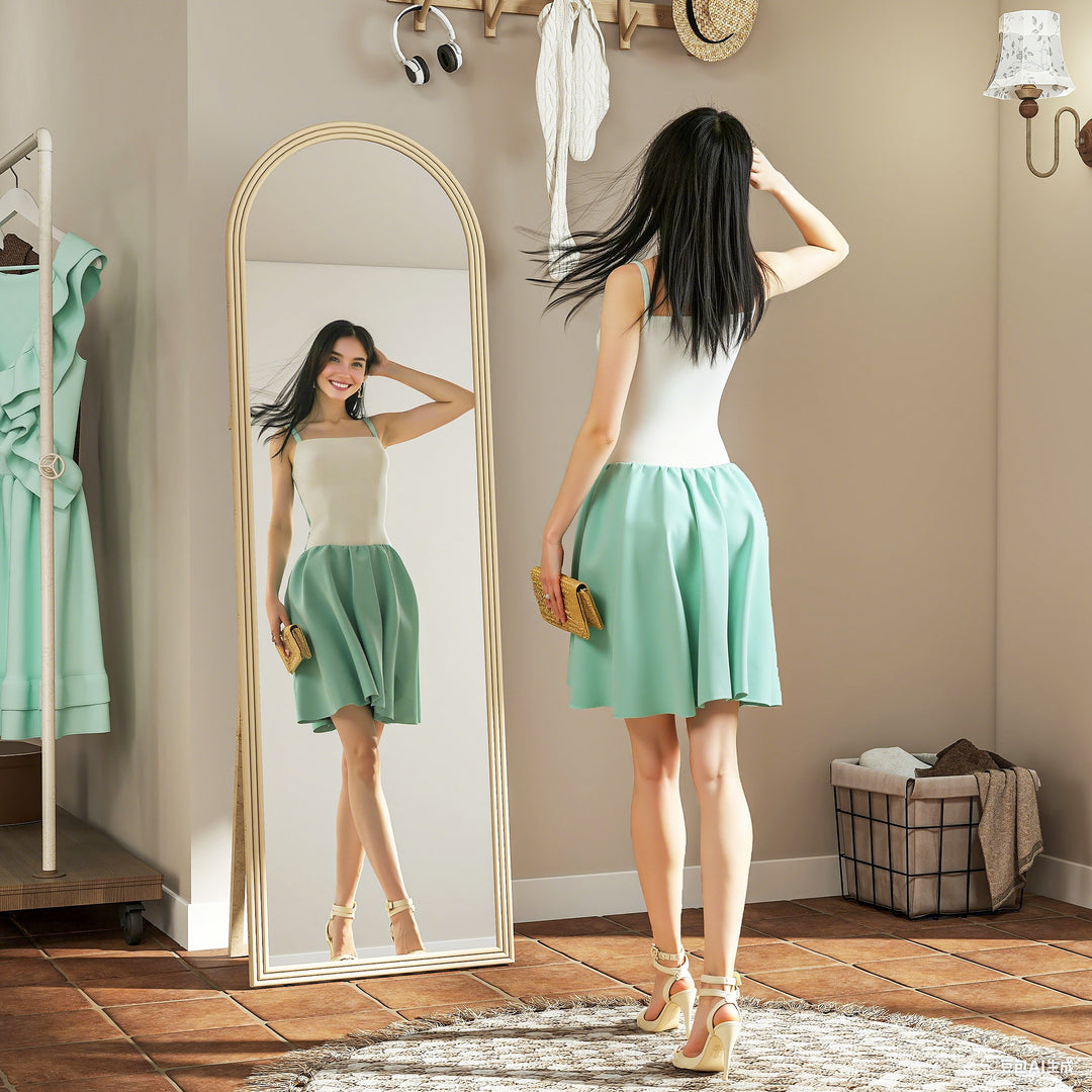 HOMCOM 64" x 21" Full Length Mirror, Free Standing, Leaning or Wall, Arched Full Body Mirror with Faux Stone Frame, Beige