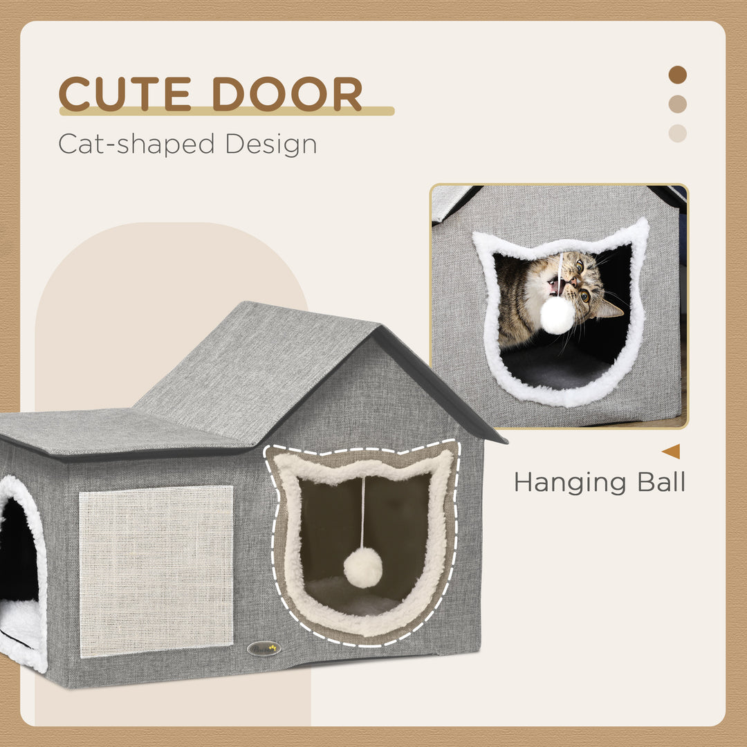 PawHut Large Cat Bed for Indoor, Cat House Hideaway with Soft Cushion, Scratching Pad, Dangling Ball, Dual Entrances, Grey