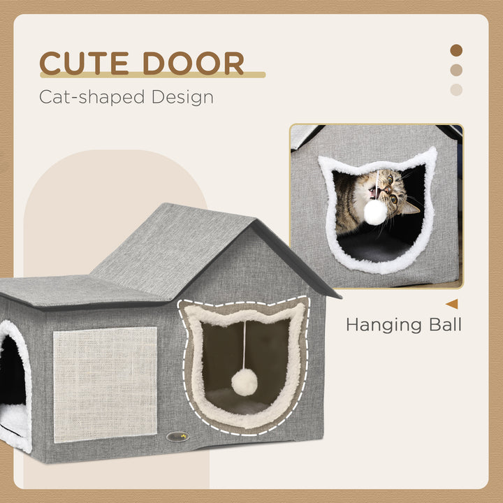 PawHut Large Cat Bed for Indoor, Cat House Hideaway with Soft Cushion, Scratching Pad, Dangling Ball, Dual Entrances, Grey