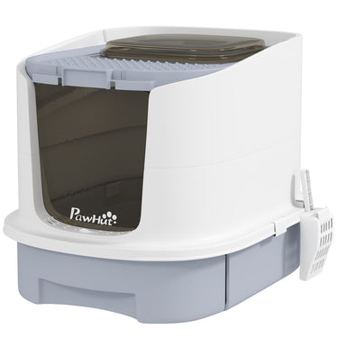 PawHut Enclosed Cat Litter Box with Lid, Scoop, Top Entry, Deodorization Bags, Drawer Type Cat Litter Tray, Easy to Clean, Grey