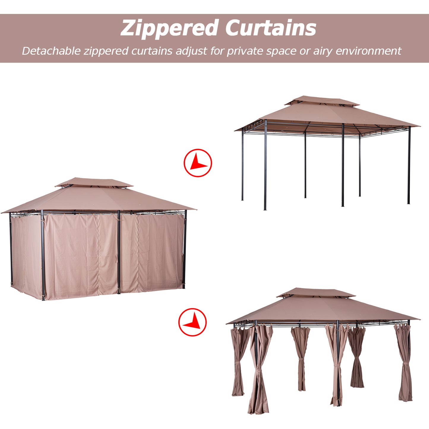 Outsunny 10' x 13' Patio Gazebo, Outdoor 2-Tiers Garden Canopy Yard Sunshade Shelter with Curtains, Khaki