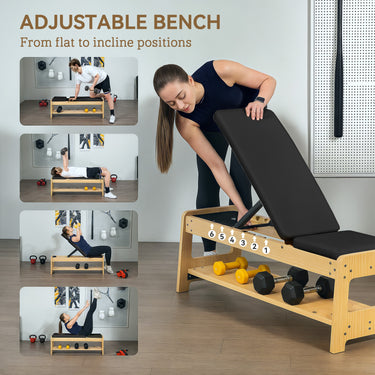 Soozier Wooden Adjustable Weight Bench with Dumbbell Storage Rack, Flat or Incline Workout Bench for Weight Lifting, Black