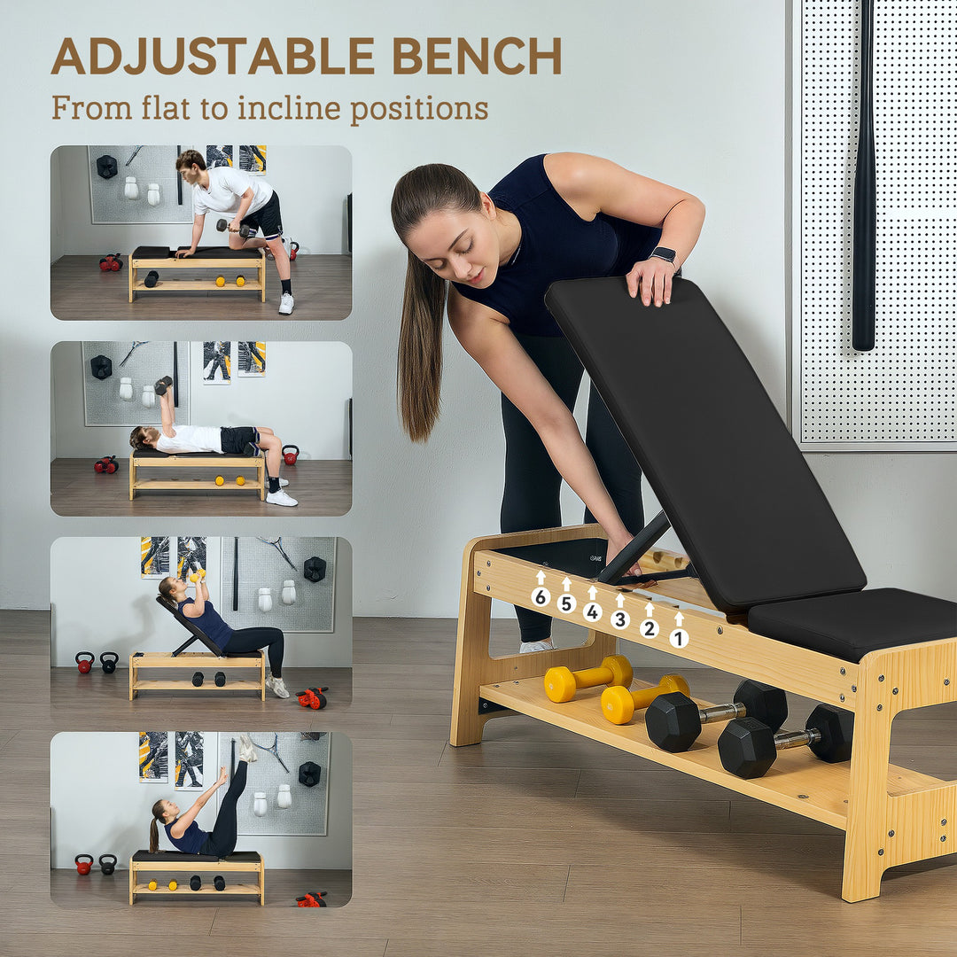 Soozier Wooden Adjustable Weight Bench with Dumbbell Storage Rack, Flat or Incline Workout Bench for Weight Lifting, Black