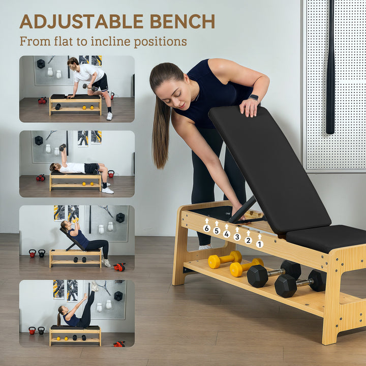 Soozier Wooden Adjustable Weight Bench with Dumbbell Storage Rack, Flat or Incline Workout Bench for Weight Lifting, Black