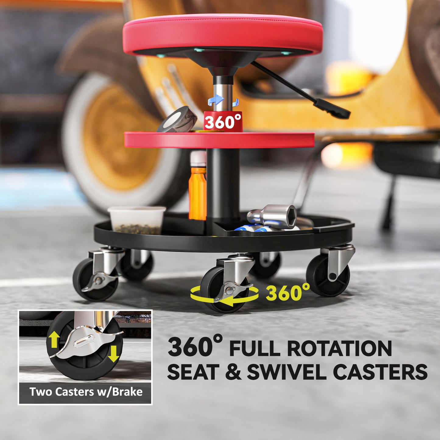 HOMCOM Rolling Garage Stool, 300 LBS Capacity Padded Mechanic Stool with 2.5" Wheels, Adjustable Height 15" -19.7", Red