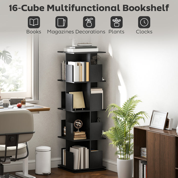 HOMCOM 360° Rotating Bookcase, 4 Tier Bookshelf with 16 Cubbies for Small Space, Living Room, Bedroom, Study, Black Wood Grain