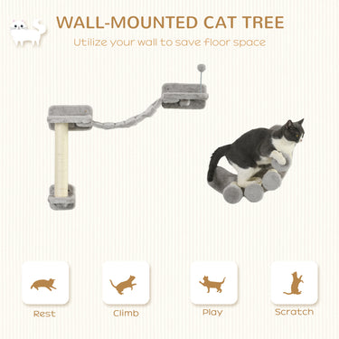PawHut Cat Wall Shelf with Scratching Post, Cat Wall Shelves for Relaxing, Climbing, Cat Wall With Soft Ladder and Play Ball, Grey