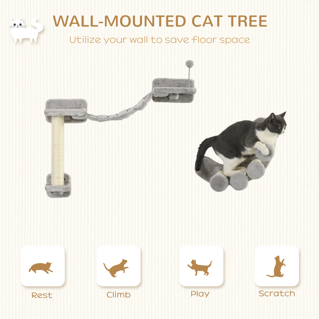 PawHut Cat Wall Shelf with Scratching Post, Cat Wall Shelves for Relaxing, Climbing, Cat Wall With Soft Ladder and Play Ball, Grey