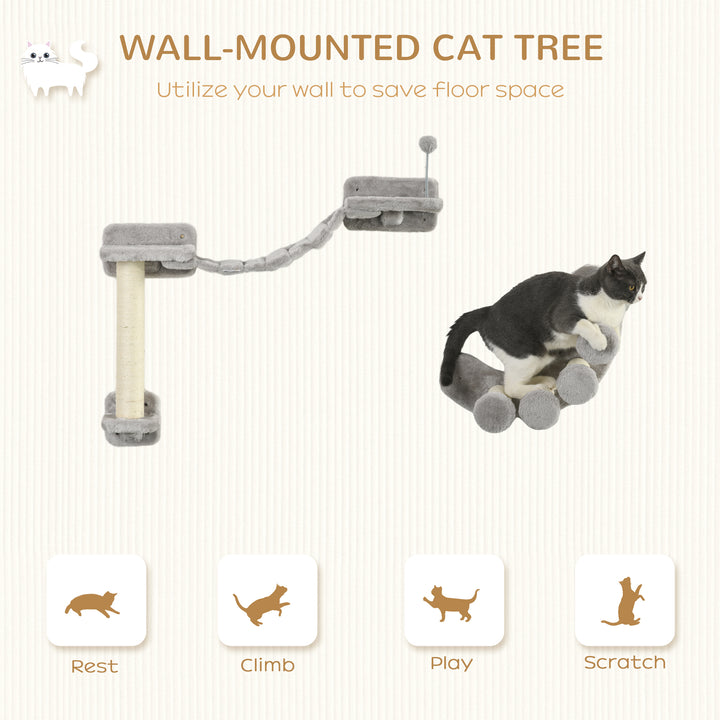 PawHut Cat Wall Shelf with Scratching Post, Cat Wall Shelves for Relaxing, Climbing, Cat Wall With Soft Ladder and Play Ball, Grey