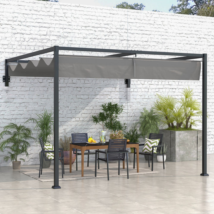 Outsunny 10' x 10' Lean To Pergola, Metal Pergola with Retractable Roof for Grill, Garden, Patio, Deck