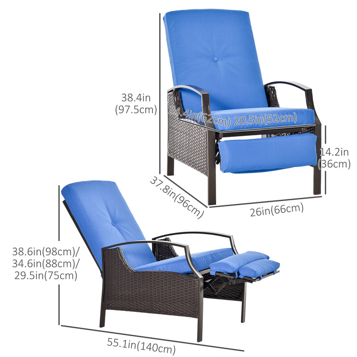 Outsunny Outdoor Rattan Recliner Chair, Wicker Reclining Chair with Adjustable Back Retractable Footrest Cushion Blue
