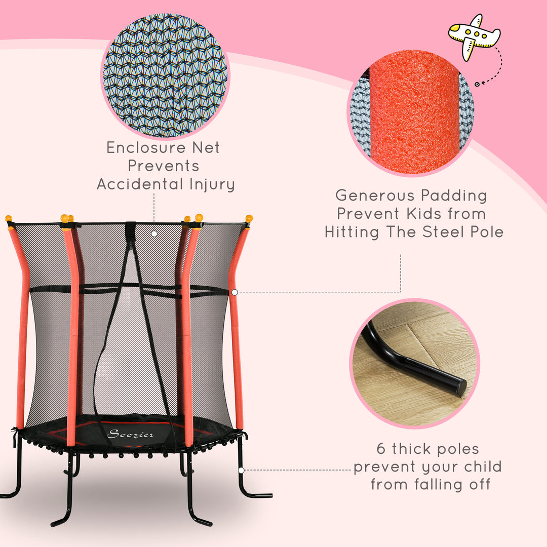 Soozier 63" Kids Trampoline Indoor with Enclosure Net Elastic Thick Padded Pole Gift for Ages 3-10 Years Old Red