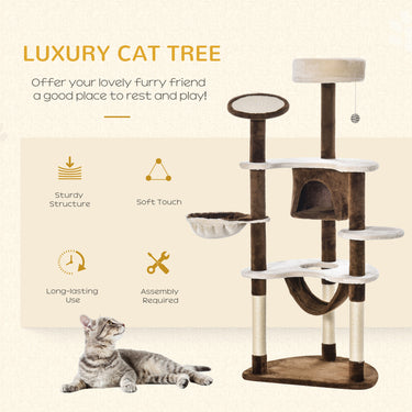 PawHut 60" Cat Scratching Tree, Cat Bed Condo Post House Pet Furniture Toys-Brown & Beige
