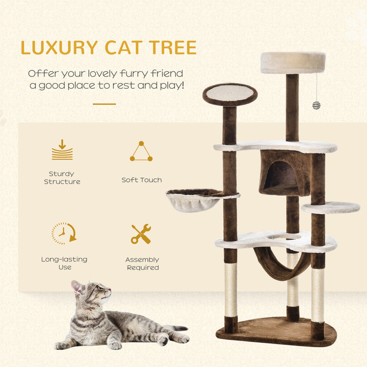 PawHut 60" Cat Scratching Tree, Cat Bed Condo Post House Pet Furniture Toys-Brown & Beige