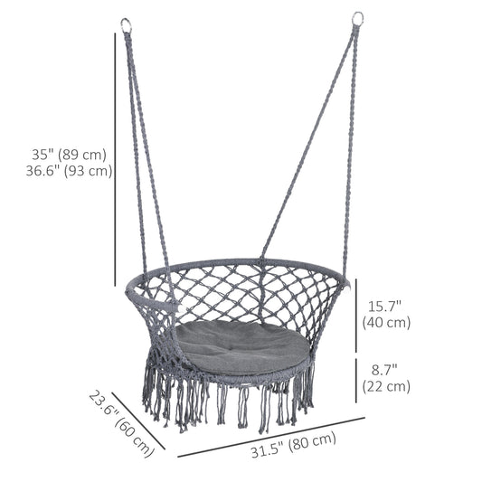 Outsunny Hanging Hammock Chair, Cotton Rope Porch Hammock Swing with Metal Frame and Cushion, Large Macrame Seat for Patio, Garden, Bedroom, Living Room,  Dark Grey