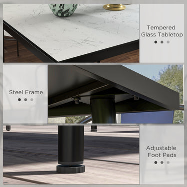 Outsunny Outdoor Dining Table for 4, Square Patio Dining Table with Marble Effect Tempered Glass Top and Steel Frame, White