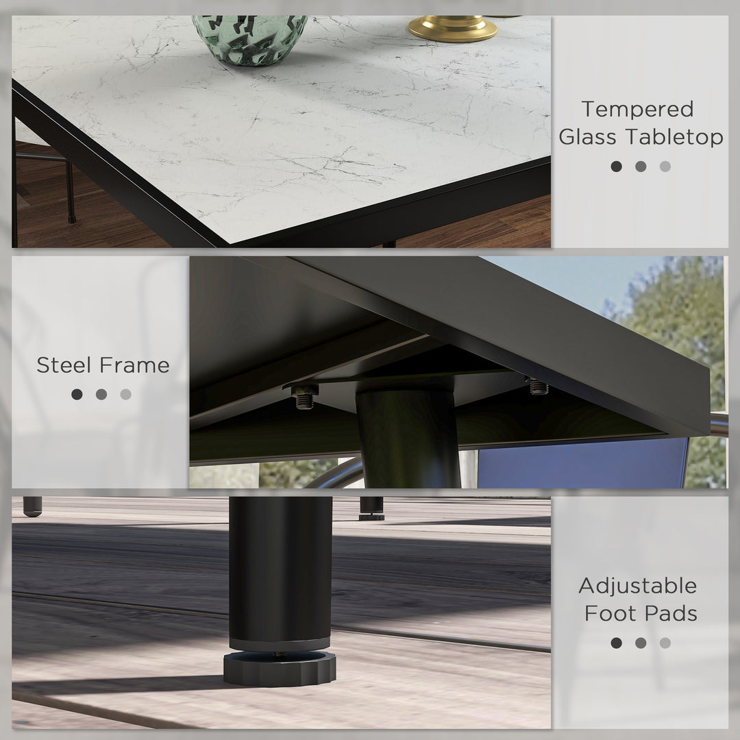 Outsunny Outdoor Dining Table for 4, Square Patio Dining Table with Marble Effect Tempered Glass Top and Steel Frame, White