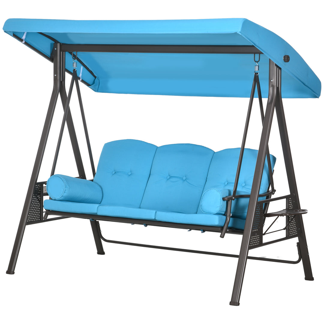 Outsunny Outdoor Patio 3-Person Steel Canopy Cushioned Seat Bench Swing with Included Side Trays & Padded Comfort, Light Blue
