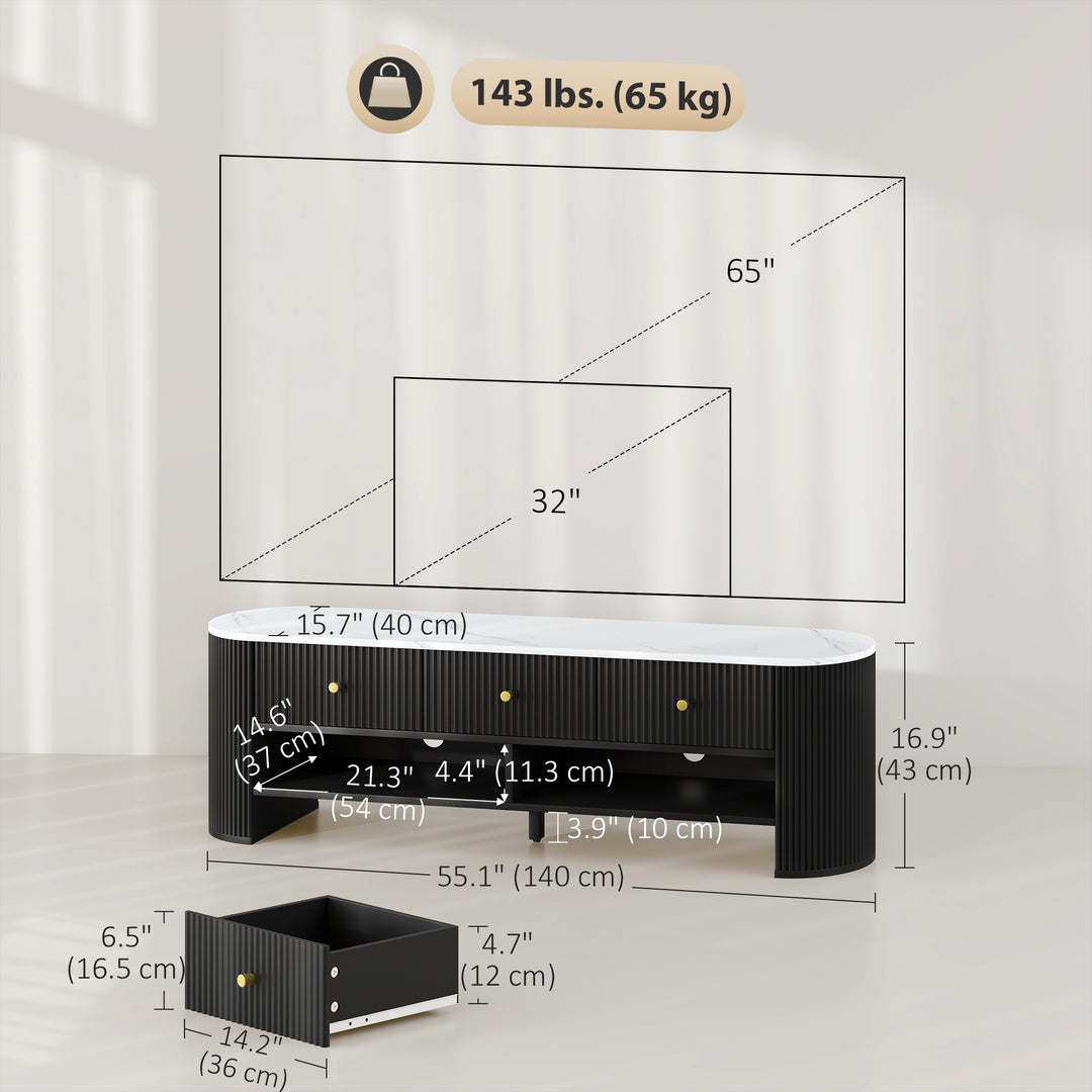 HOMCOM TV Stand, Modern TV Table with Marble-Effect Top, 3 Drawers and 2 Open Shelves for 32-65 Inch Television, Natural