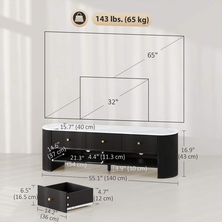 HOMCOM TV Stand, Modern TV Table with Marble-Effect Top, 3 Drawers and 2 Open Shelves for 32-65 Inch Television, Natural