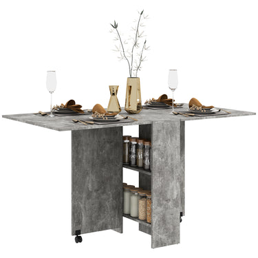 HOMCOM Extendable Dining Table, Collapsible Folding Table w/ 2-tier Shelves and Rolling Casters, Grey