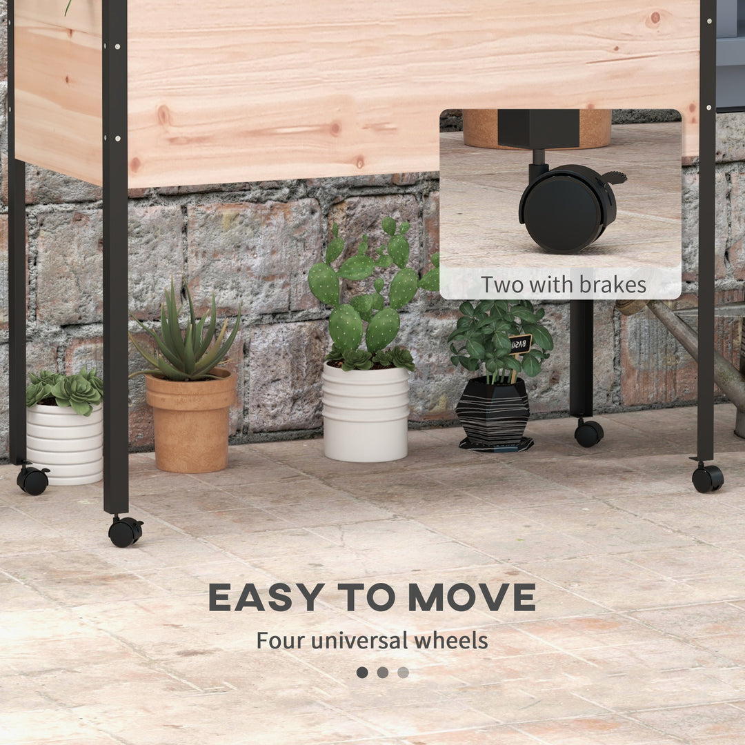 Outsunny Wooden Elevated Planter Box, Raised Garden Bed with Wheels, Metal Legs, Drainage Holes and Bed Liner