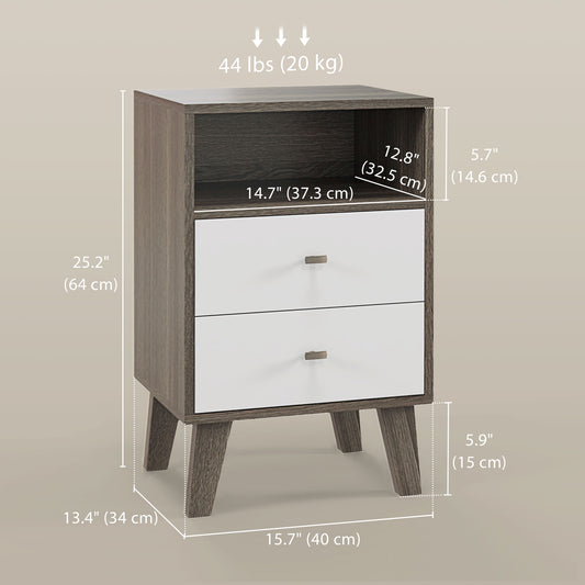 HOMCOM Nightstand Set of 2, Modern Bedside Table, Night Stand for Living Room with 3 Drawers and Open Storage, Grey