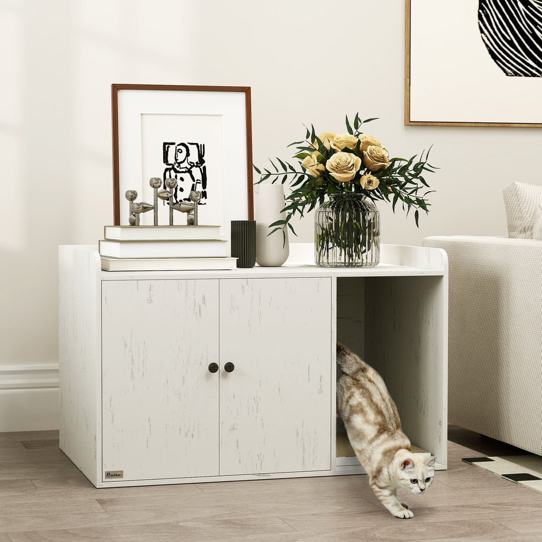 PawHut 32" Cat Litter Box Enclosure with Scratching Mat, Cat Entrance, Fit Most of Cat and Litter Box, Distressed White