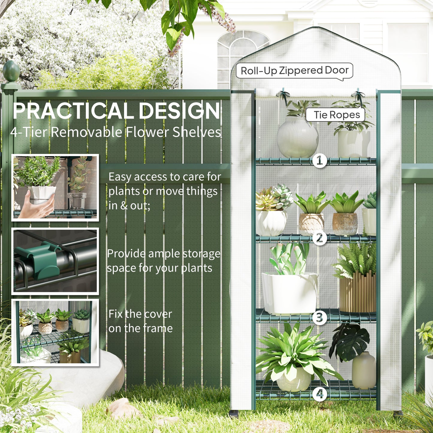Outsunny 27" x 20" x 65" Portable Greenhouse with 4 Tier Shelves and Wheels, Outdoor Hot House Plant Flower Greenhouse, Steel Frame, Plastic Cover, Clear