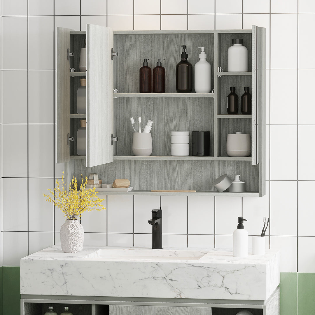 kleankin Wall Mounted Bathroom Medicine Cabinet with Mirror and Adjustable Shelves, Grey