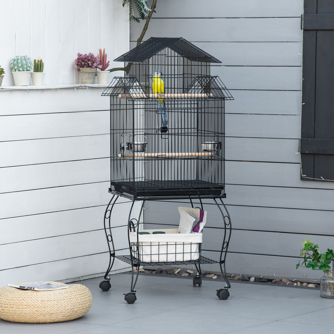 PawHut 53.9'' Large Rolling Steel Bird Cage Bird House with Detachable Rolling Stand, Storage Shelf, Wood Perch, Food Container, Black