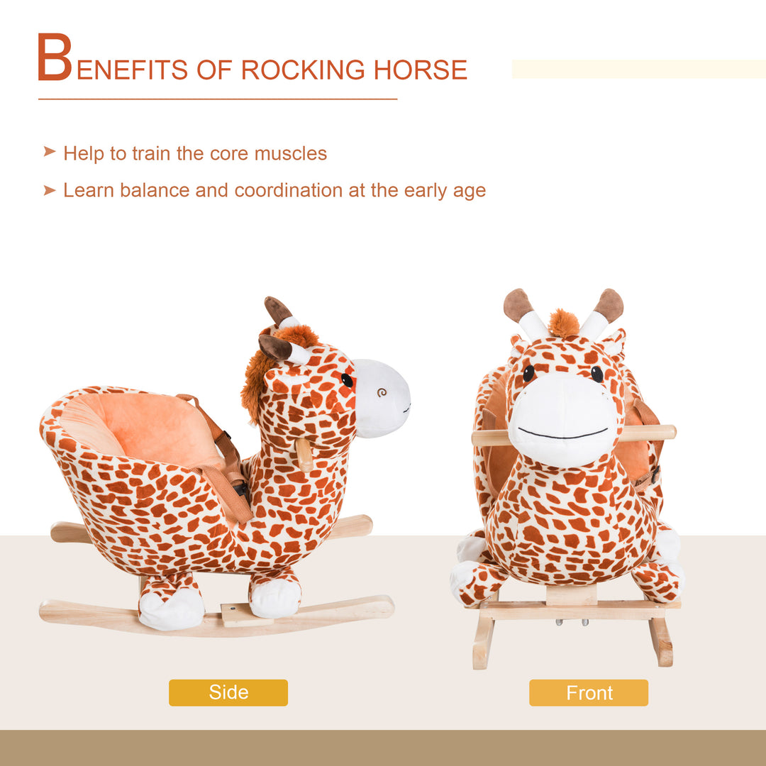 Qaba Wooden Plush Children Kids Rocking Horse Chair for Toddlers with Sound and Safety Belt, Giraffe Theme