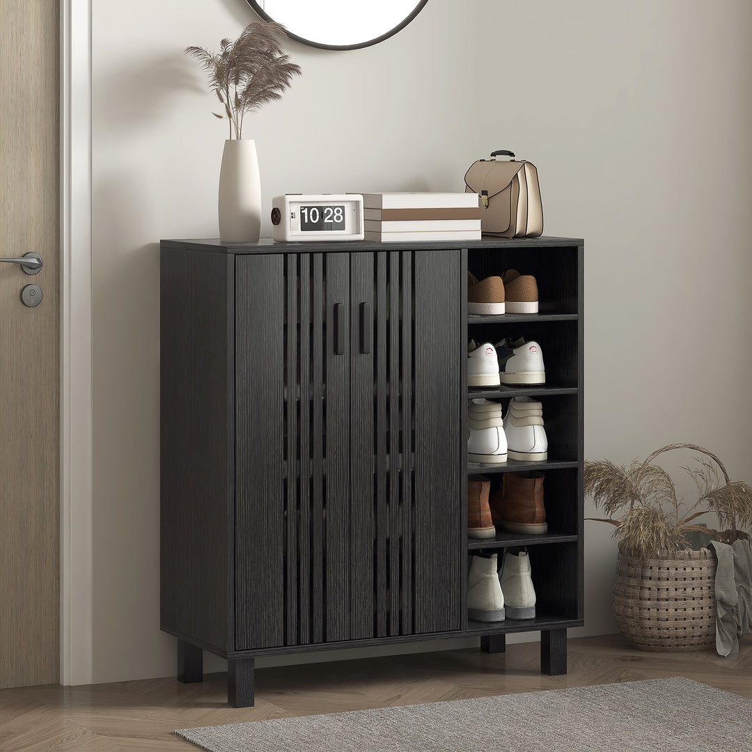 HOMCOM Shoe Storage with Double Doors and Open Shelves 17 Pair Shoe Storage Organizer for Entryway Hallway Walnut