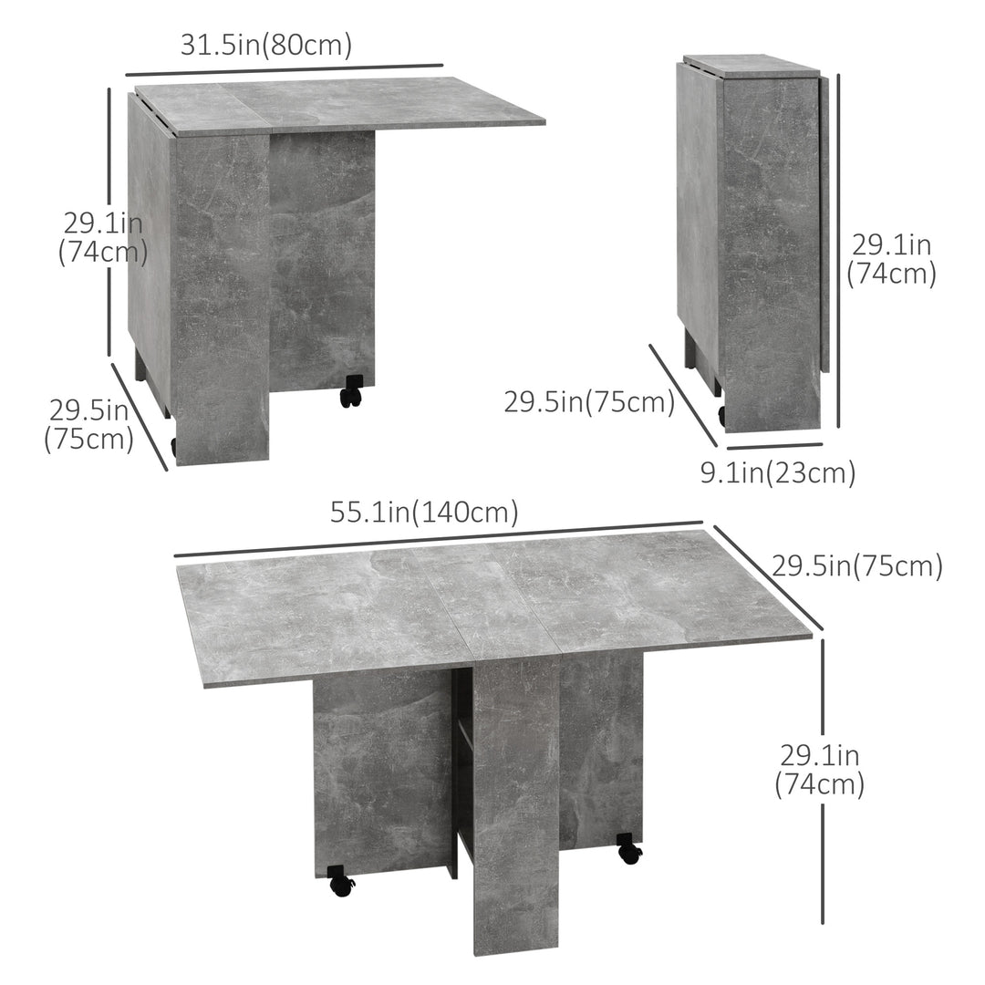 HOMCOM Extendable Dining Table, Collapsible Folding Table w/ 2-tier Shelves and Rolling Casters, Grey