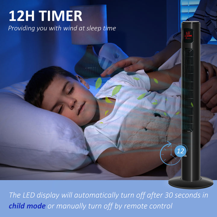 HOMCOM Freestanding Tower Fan Cooling for Home Bedroom with Oscillating, 3 Speed, 12h Timer, LED Sensor Panel, Remote Controller, White