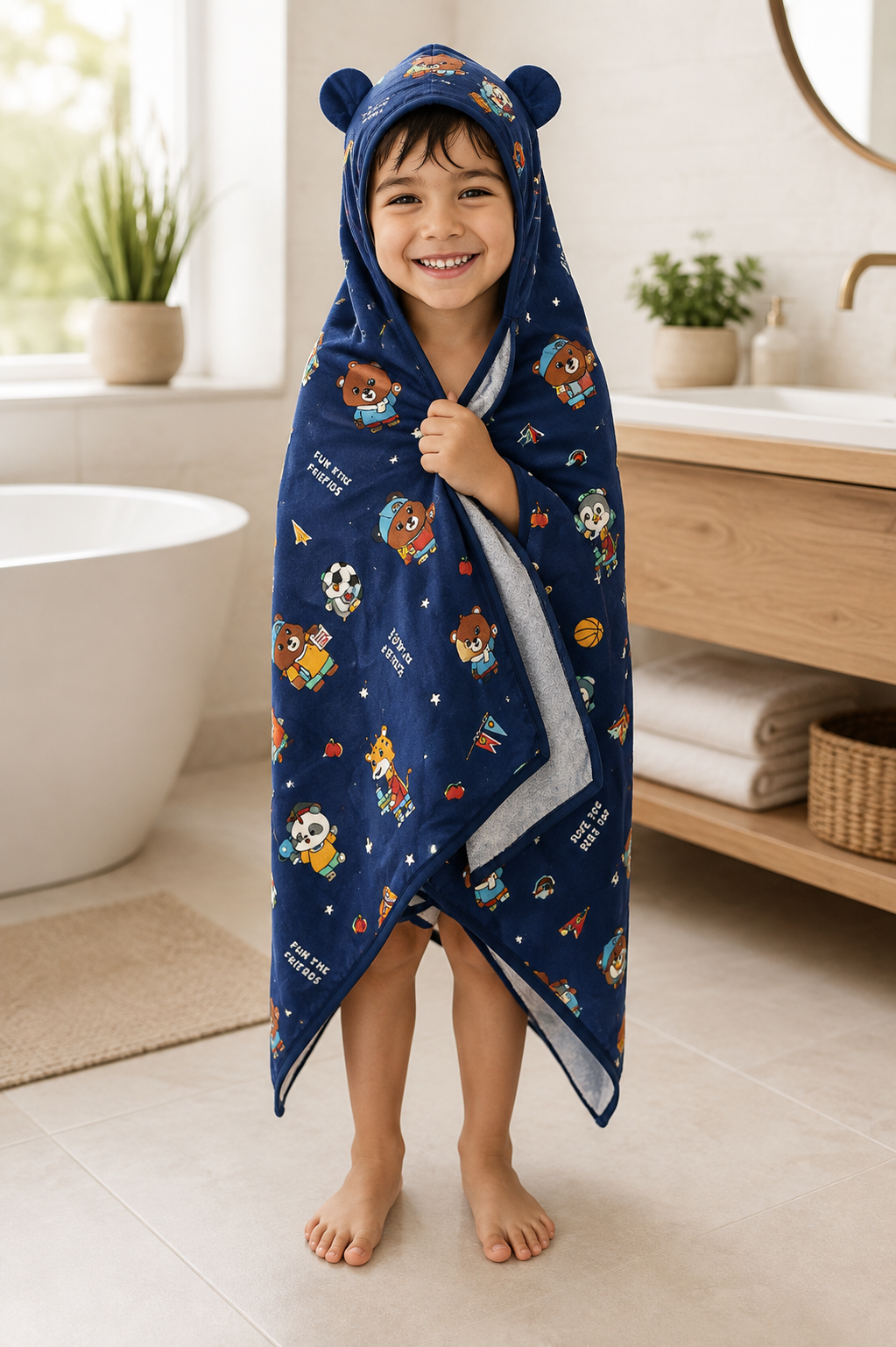 Aarniva Kids Hooded Bath Towel | Soft & Cozy | Animal & Fun Prints | Navy Sports Friends