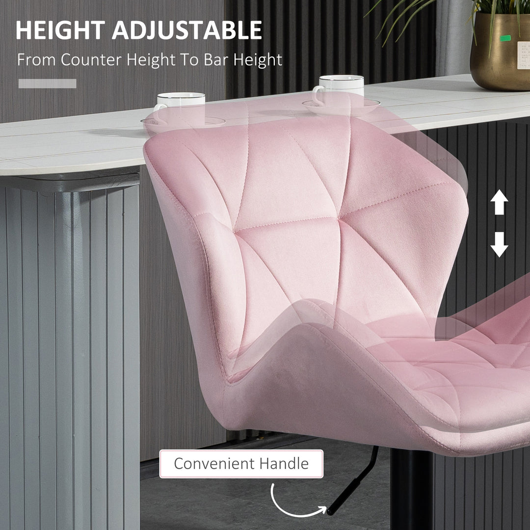HOMCOM Velvet-Touch Bar Stool Set of 2 Fabric Adjustable Height Armless Counter Chairs with Swivel Seat, Pink