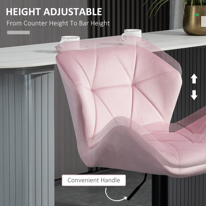 HOMCOM Velvet-Touch Bar Stool Set of 2 Fabric Adjustable Height Armless Counter Chairs with Swivel Seat, Pink
