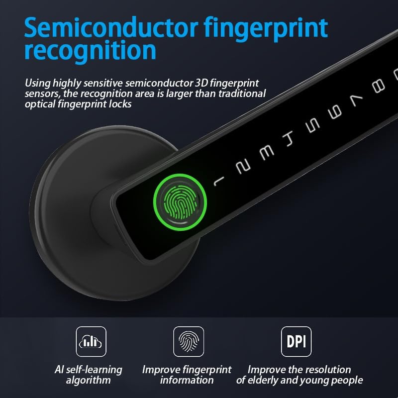 Smart Door Lock with Fingerprint Keypad Handle Biometric, App, Password, Key, and Card Keyless Entry System Suitable for Bedrooms, Offices, Hotels, Apartments - Black Edition