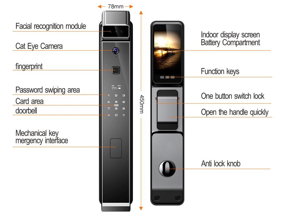 Smart Door Lock 3D Face Fingerprint Recognition Door Lock App Unlocking with Palm Prints Smart Lock Multifunctional Lock Suitable for Residential Home,Villas, Apartments